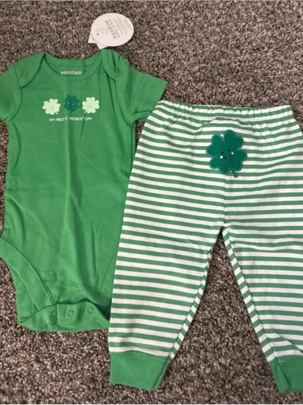 6-9 month Carter's Green Shamrock Bodysuit and Striped Pants Set -open to bundle